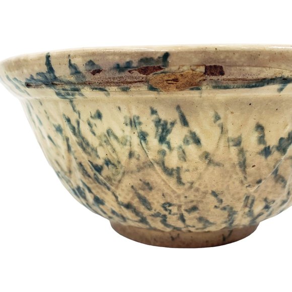 Antique Yellow Ware 8" Mixing Serving Bowl Green Spongeware Pottery Primitive - Picture 7 of 12